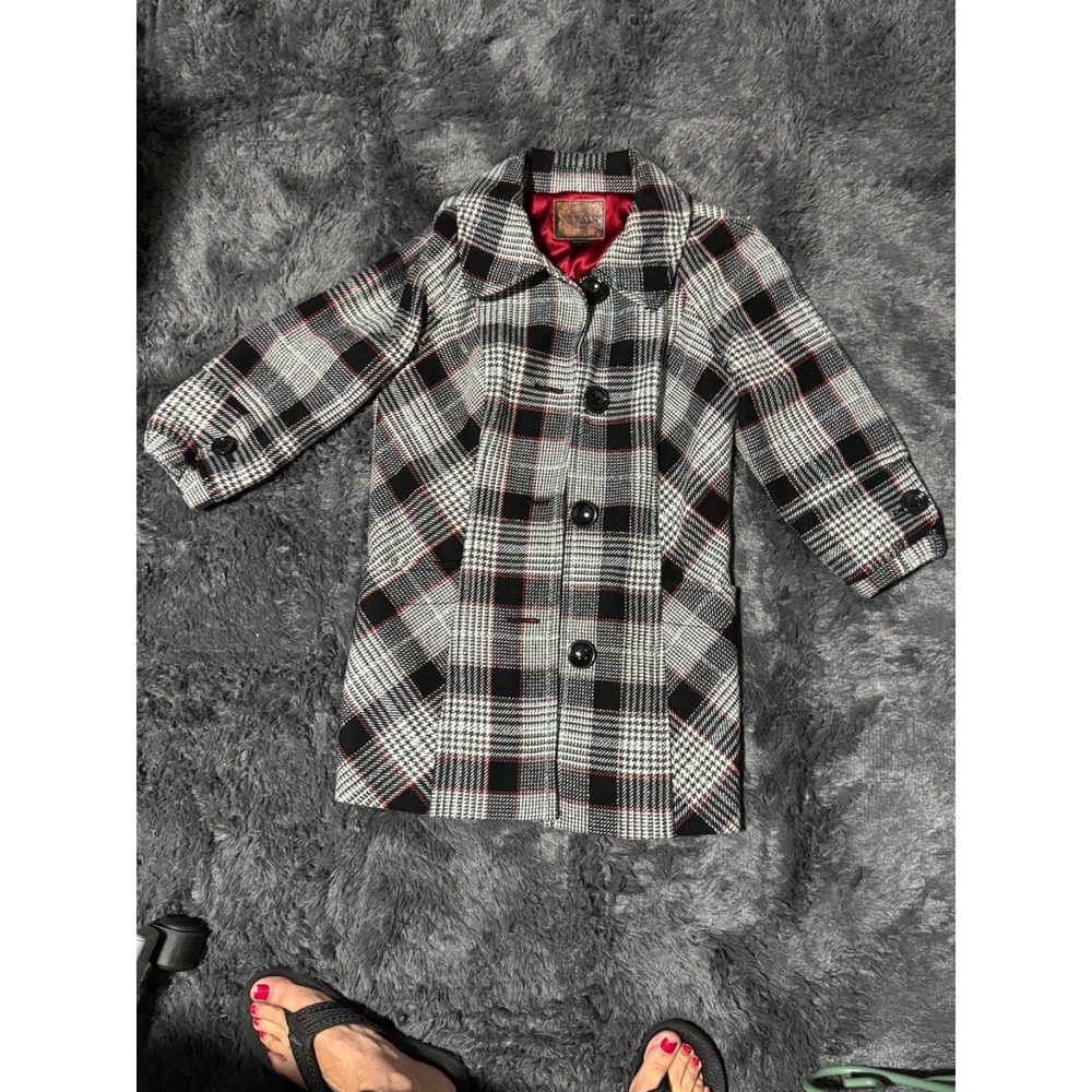 GUESS Y2K Black White Plaid Coat Red Satin Lining Grunge Punk Jacket Women's L